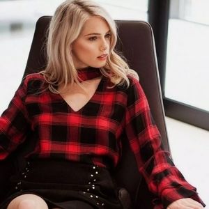 Corporate top Sugar Plaid Checks Buffalo Henley Blouse Ruffle Bell Sleeves